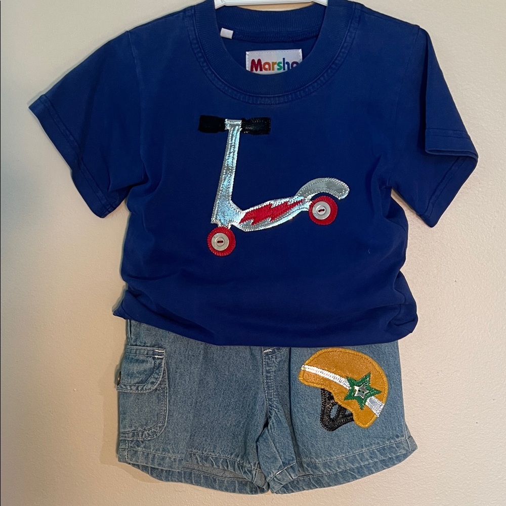 Vintage MARSHA Blue Denim Kids Matching Set with Scooter Designed appliqué.